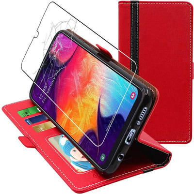 ebestStar - Hoes geschikt voor Samsung A30 Galaxy SM-A305F, Wallet Etui, Book case hoesje, Zwart, Rood + Gehard Glas