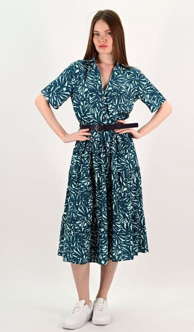 YesMooi - Midi Blousejurk met Bladprint en Ceintuur - M (38) - Petrolblauw