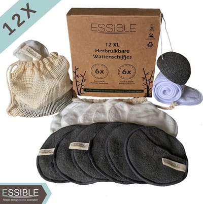 ESSIBLE Wasbare Wattenschijfjes – Herbruikbare Wattenschijfjes - 15-delig – Waszak – gratis E-BOOK – Scrub Spons & Haarband – Bamboe Watten