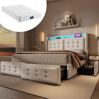 SINGULARITY-Gestoffeerd bed 140x200- tweepersoonsbed met LED-hoofdbord en USB C en 4 lades- opbergbedden- beige- met matras