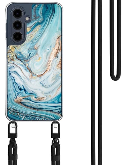 Hoesje met koord geschikt voor Samsung Galaxy A16 - Marmer blauw goud - Inclusief Zwart koord - Crossbody beschermhoes - Transparant, Blauw, Goud - Mooie Telefoonhoesjes