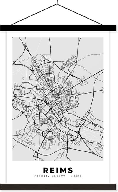 Posterhanger incl. Poster 40x60 cm - Schoolplaat - Frankrijk - Reims - Stadskaart - Plattegrond - Kaart - Textielposter - Zwarte latten - Stadskaart