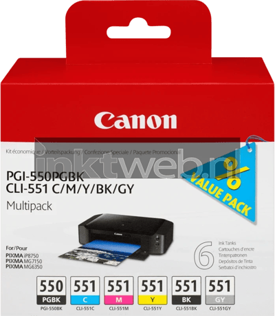 Canon Inktcartridge PGI-550PGBK/CLI-551 Multipack Origineel Combipack Foto zwart, Cyaan, Magenta, Geel, Zwart, Grijs 6496B005