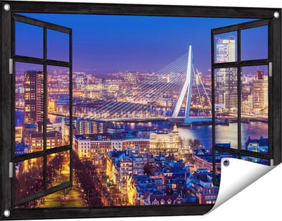 Gards Tuinposter Doorkijk Rotterdamse Skyline met de Erasmusbrug - 90x60 cm - Tuindoek - Tuindecoratie - Wanddecoratie buiten - Tuinschilderij