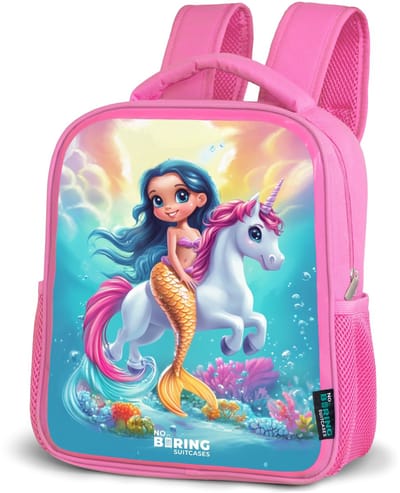 NoBoringSuitcases.com® - Rugzak roze - Schooltas meisjes - Zeemeermin met gouden staart met een witte eenhoorn - Kinder rugtas meisje - Boekentas kind - Kinderrugzak voor school - Schoolrugzak