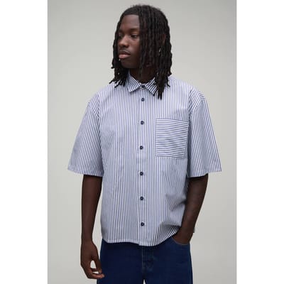 Oversized Halfmouw Gestreept Overhemd | Navy | Size XS