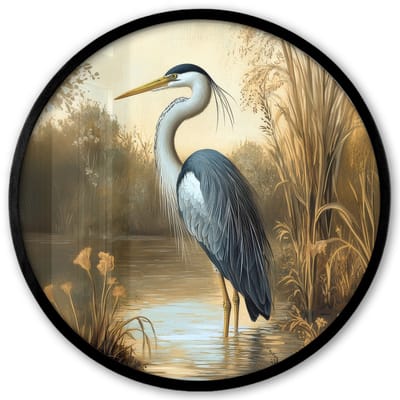 Poster in lijst Rond - Fotolijst 40x40 cm - Posters - Reiger - Water - Planten - Ronde posterlijst zwart - Decoratie - Wanddecoratie woonkamer - Muurdecoratie slaapkamer