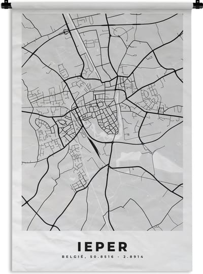Wandkleed - Wanddoek - Plattegrond – Ieper – Zwart Wit – Stadskaart - Kaart - 120x180 cm - Wandtapijt
