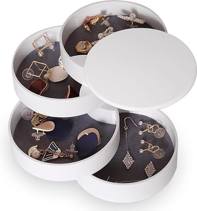 Sieraden Organizer - Kleine Sieraden Opbergdoos Oorbellenhouder voor Vrouwen - 5-Lagen Draaibare Reissieradendoos met Deksel voor Armbanden en Ringen - Wit
