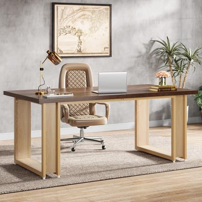 TRIBESIGNS - Computertafel - Bureau voor Thuiskantoor - Met Gouden Poten - Modern - Goud en Bruin - 160 x 80 x 75 cm