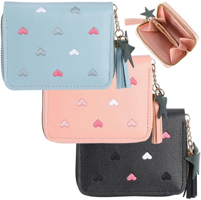 Dailygoods - 3 stuks portemonnees voor meisjes, portemonnee voor kinderen, PU-leer, mini-portemonnee voor kinderen met kwast en ritssluiting, voor tieners, meisjes, vrouwen (blauw, roze, zwart)