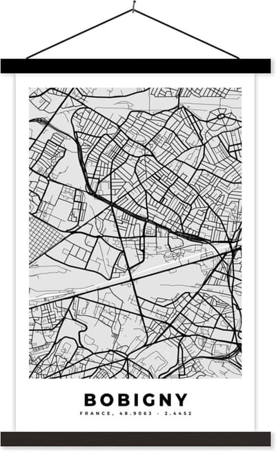 Posterhanger incl. Poster 40x60 cm - Schoolplaat - Plattegrond - Kaart - Stadskaart - Frankrijk - Bobigny - Textielposter - Zwarte latten - Stadskaart