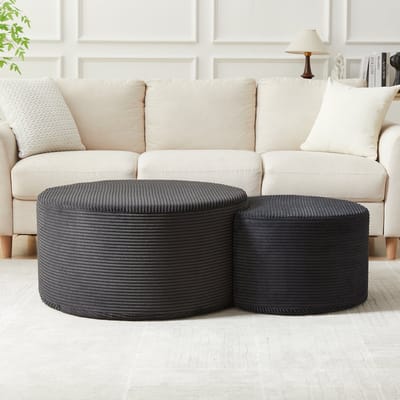 MODFU 2-Delige Ronde Salontafelset - Gestoffeerd En Multifunctioneel - Modern - Voor Woonkamer - Stof - Zwart