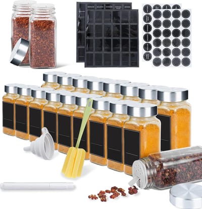 NAIZY kruidenpotjes vierkant 24 stuks 120ml glazen kruidenpotjes met hagelslag inzet, waterdichte etiketten, trechter, schoonmaakborstel kruidenpotje voor kruiden keuken accessoires, roestvrij stalen deksel