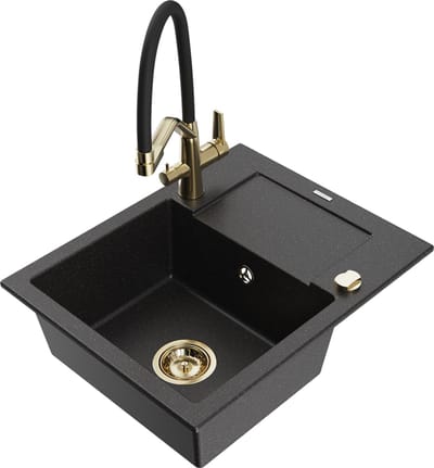 Mexen Enzo granieten gootsteen 1-kompartiment met afdruiprek en keukenkraan Duo, zwart/zilver metallic - 6506-73-671701-57-G