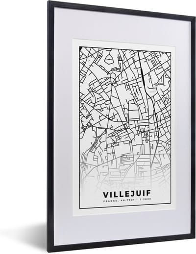 Fotolijst incl. Poster Zwart Wit- Stadskaart - Frankrijk - Villejuif - Kaart - Plattegrond - Zwart wit - 40x60 cm - Posterlijst