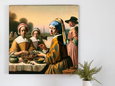 Olieverf vermeer schilderij | Meesterlijk Vermeer: De Verfijnde Schoonheid van Olieverf in Kunstwerk | Kunst - 100x100 centimeter op Forex | Foto op Forex