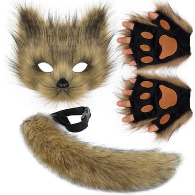 Pluizig Vossenmask Wolf Vossenstaart En Poot Handschoenen Set Volwassen Kat Halloween Masker Cosplay Dier Feestkostuum one size black