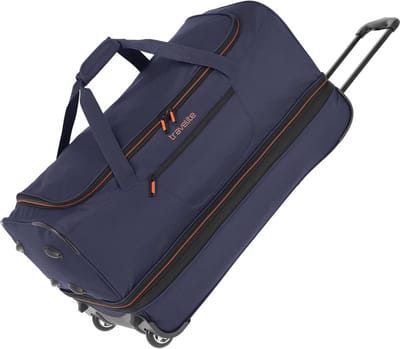 Rolkoffer met 2 wielen, maat S met stretchplooi, zachte reistas met wielen met extra veel volume, marine/oranje, 70 cm