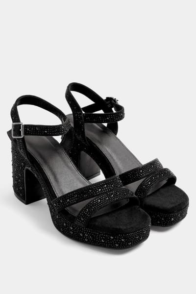 Yours Zwarte Diamante Sandaal Met Hak In Brede Epasvormsize 37E