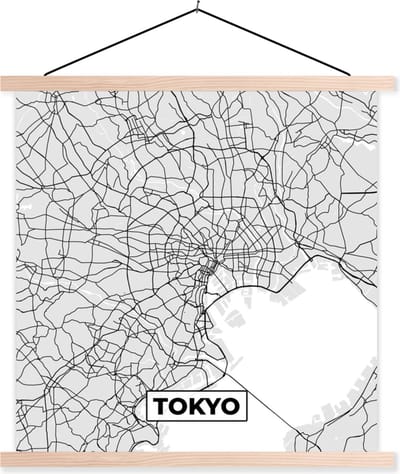 Posterhanger incl. Poster 40x40 cm - Schoolplaat - Tokyo - Stadskaart - Zwart Wit - Plattegrond - Kaart - Textielposter - Blanke latten - Stadskaart