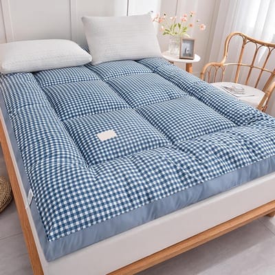 Opvouwbaar Matras - Japanse Vloerbedekking - Comfortabel Slapen - Zacht Dons Gevuld - 200x220cm - Blauw Geruit