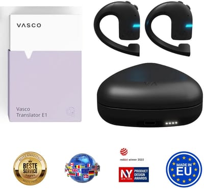 Vasco Translator E1 - Vertaler oordopjes met meer dan 50 talen - Automatische Vertaler voor natuurlijke en vloeiende gesprekken - voor toeristen, mensen die in het buitenland werken, bedrijven die klanten van verschillende nationaliteiten dienen.