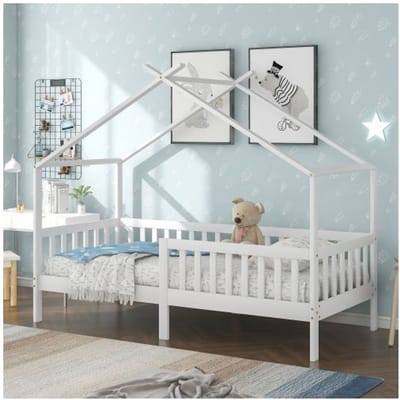 Lit enfant - MUVOE - Bois massif - 200x90 cm - Blanc - Garde-corps inclus blanc