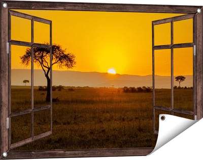 Gards Tuinposter Doorkijk Zonsopgang in de Savanne met een Boom - 90x60 cm - Tuindoek - Tuindecoratie - Wanddecoratie buiten - Tuinschilderij