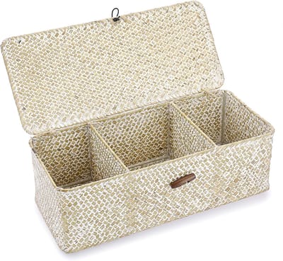 Seegras opbergdoos met deksel, natuurlijke zeegrasmand, 3 vakken, geweven rotanbox, multifunctionele rekmand, rechthoekig, gevlochten mand voor in de woonkamer, theetafel, slaap, badkamer,
