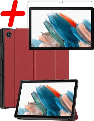 Hoesje Geschikt voor Samsung Galaxy Tab A8 - Met Screenprotector - Trifold Bookcase - Hard Cover - Hardcover Book Case - Tablet Hoes - Donkerrood