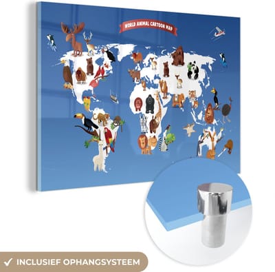 ® Glasschilderij 120x80 cm - Schilderij acrylglas - Wereldkaart Kinderen - Dieren - Aarde - Foto op glas - Muurdecoratie woonkamer - Wanddecoratie slaapkamer - Schilderijen