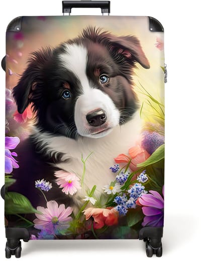 NoBoringSuitcases.com® - Koffer groot - Reiskoffer lichtgewicht - Puppy - Zon - Bloemen - Natuur - Bordercollie - Hond - Rolkoffer met 4 wielen - Grote trolley XL - 98 liter bagage