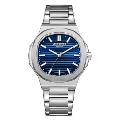 Lee Cooper LC08016.390 - Horloge - Polshorloge - Analoog - Heren - Mannen - stalen band - Metaal - Ovaal - Strepen - Zilverkleurig - DonkerBlauw