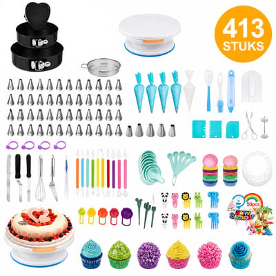413-delige Taart Decoratie Set met Draaitafel – Complete Bakset met Spuitmondjes, Bakvormen & Cake Accessoires