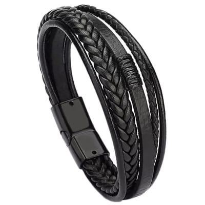 Rhylane – Armbanden Heren – 20 cm – Metalen Sluiting – 5-delige set - Gevlochten Touw & Kunstleder - Zwart