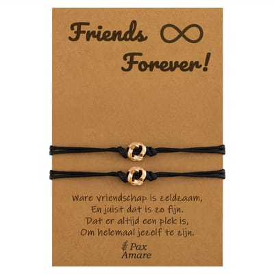 Vriendschapsarmbandjes voor 2 " Friends Forever ∞" - Knoopjes - BFF Armbandjes met Persoonlijk Cadeau Kaartje - Goudkleurig - Elastisch Verstelbaar - Pax Amare