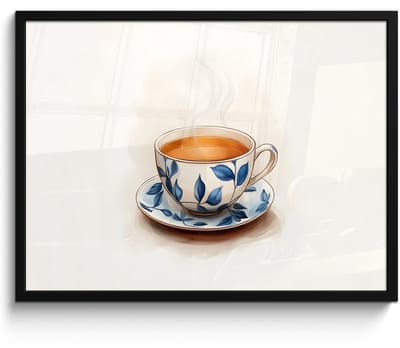Poster in lijst - Fotolijst 70x50 cm - Posters - Theekop - Bladeren - Blauw - Posterlijst zwart - Decoratie - Wanddecoratie woonkamer - Muurdecoratie slaapkamer