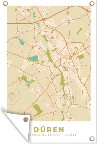 Muurdecoratie Plattegrond - Düren - Kaart - Vintage - Stadskaart - 120x180 cm - Tuinposter - Tuindoek