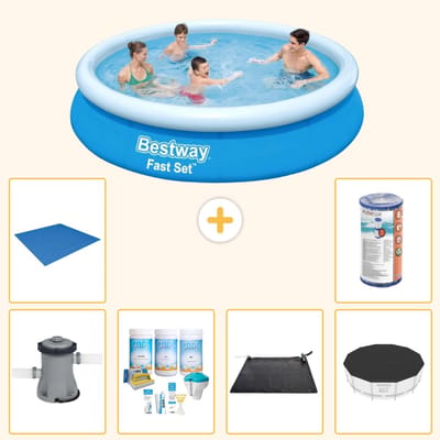 Bestway Rond Opblaasbaar Fast Set Zwembad - 366 x 76 cm - Blauw - Inclusief Pomp - Onderhoudspakket - Solar Mat - Afdekzeil - Grondzeil - Filter - 7-delig