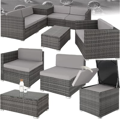 tectake® Wicker Loungset - 5 Personen - Zitgroep met Kussenopbergbox - Tafel met glazen blad - Weerbestendig - Vrij te groeperen Tuinset - Loungebank voor de Tuin - Balkonmeubel - Grijs