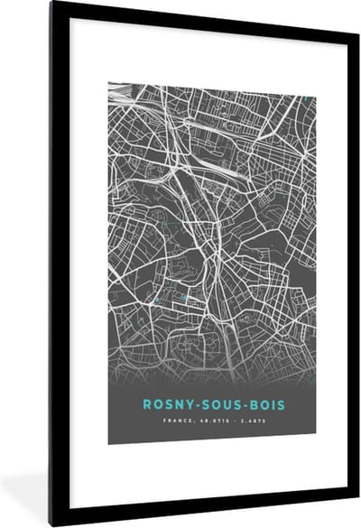 Fotolijst incl. Poster - Rosny-sous-Bois - Plattegrond - Kaart - Stadskaart - Frankrijk - 60x90 cm - Posterlijst