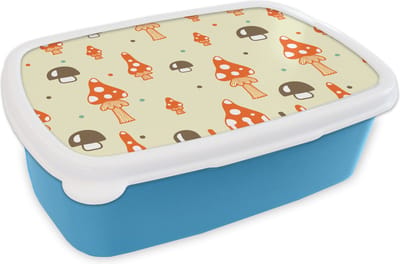 Broodtrommel Blauw - Lunchbox Patronen - Paddestoel - Oranje - Brooddoos 18x12x6 cm - Brood lunch box - Broodtrommels voor kinderen en volwassenen