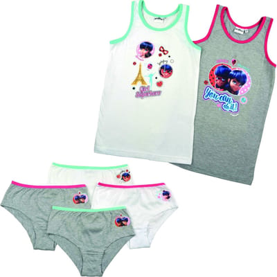 Miraculous Ladybug ondergoed set - 2 hemdjes + 4 onderbroekjes - wit/grijs/neon - maat 110/116
