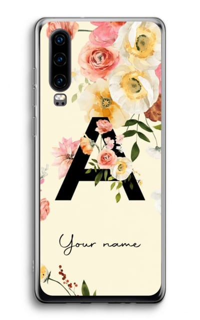 Gepersonaliseerd - Case Company® - Hoesje geschikt voor Huawei P30 hoesje - Flirty Flowers Monogram - Soft Cover Telefoonhoesje - Bescherming aan alle Kanten en Schermrand