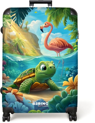 NoBoringSuitcases.com® - Koffer groot - Reiskoffer lichtgewicht - Schildpad in tropisch water met flamingo - Rolkoffer met 4 wielen - Grote trolley XL - 98 liter bagage