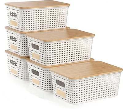 BOTC Opbergbox met houten deksel - Opbergdoos - Opbergmand - 6 stuks - 5L Kleine Opbergmanden - Bureaubladorganisator - Plastic- Wit