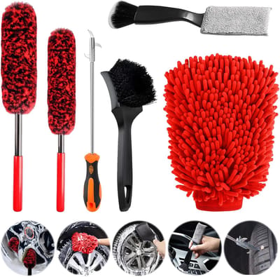 Auto Poets Set - Reinigingsborstels - Auto Onderhoud - Compleet Pakket - 6 Delig - Rood Zwart