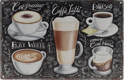 Wandbord – Koffie soorten - Caffe Latte - Capuccino - Espresso  - Retro - Wanddecoratie – Reclame bord – Restaurant – Kroeg - Bar – Cafe - Horeca – Metal Sign – 20x30cm