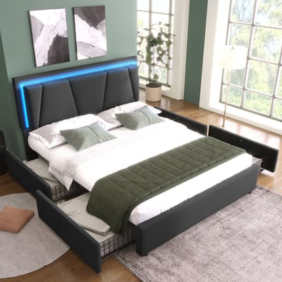 DESMIU Gestoffeerd Bed 140x200cm - Bed Met Verstelbaar Hoofdbord En Led Verlichting - Bed Met 4 Laden - Voor Slaapkamer - Linnenlook - Grijs - Zonder Matras